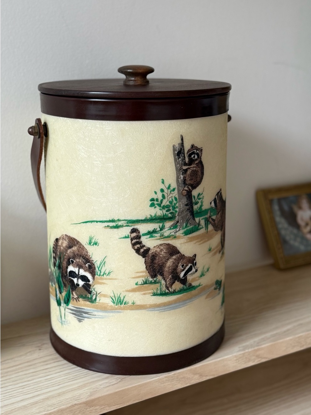 Vintage 70s Raccoon Ice Bucket Cream Brown leather handle Bacova Guild Antique